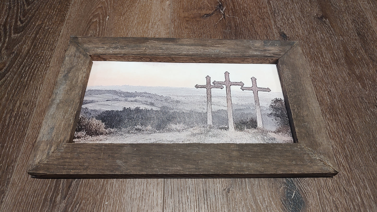 Handmade wooden frame (repurposed barn siding) with faux canvas artwork