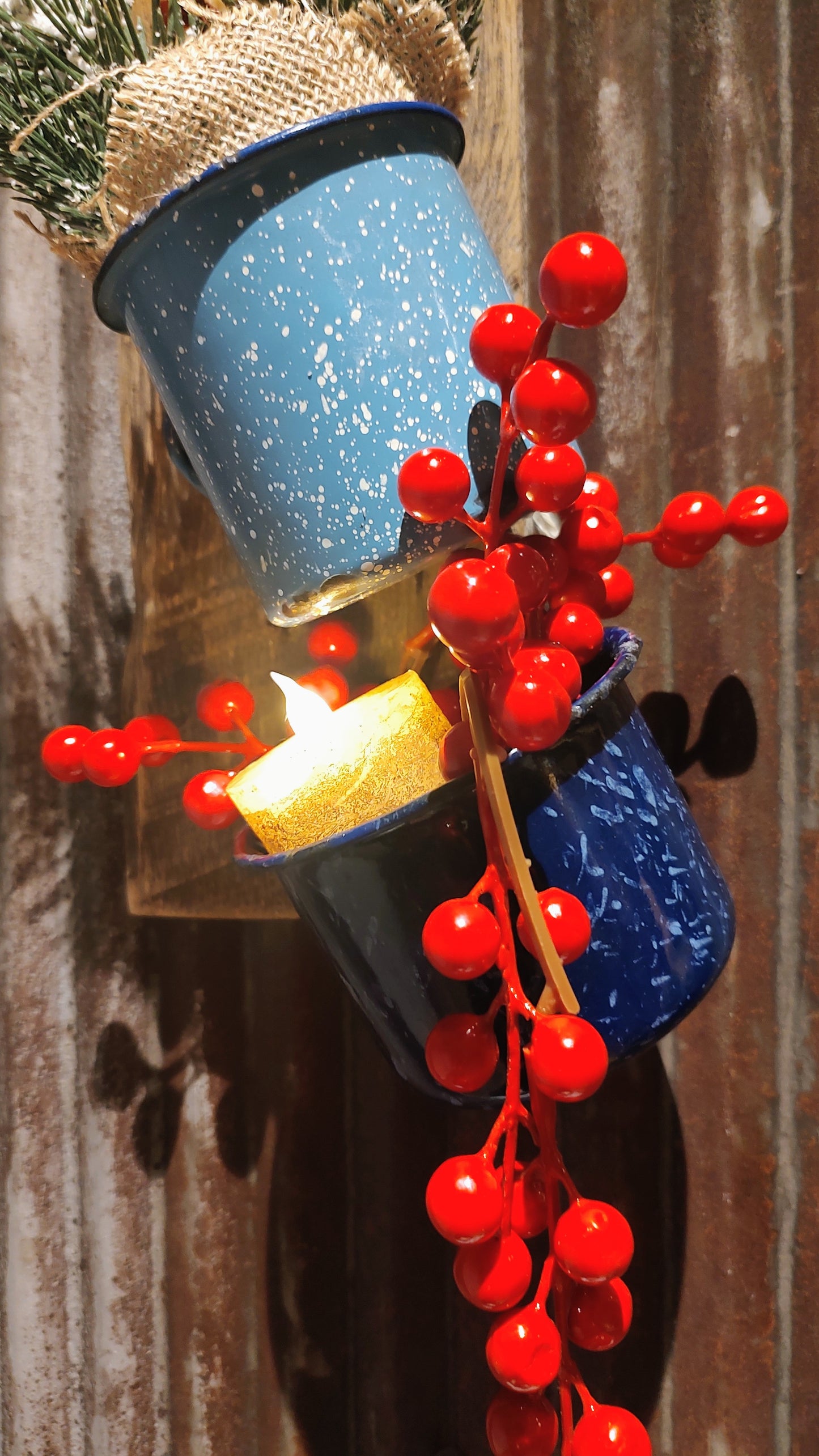Repurposed Scrap Wood Wall Decor w/Enamel Mugs