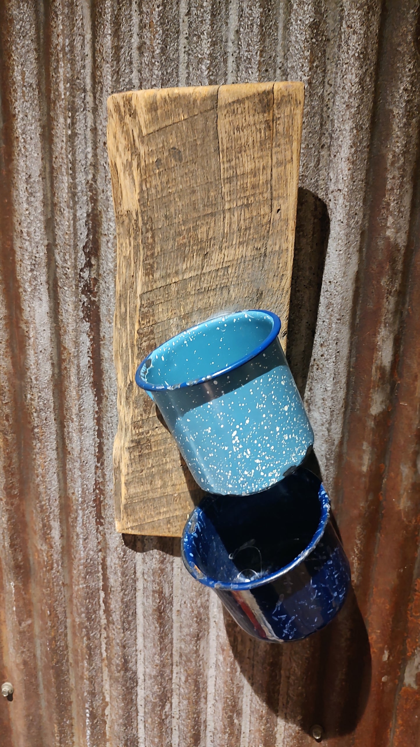 Repurposed Scrap Wood Wall Decor w/Enamel Mugs