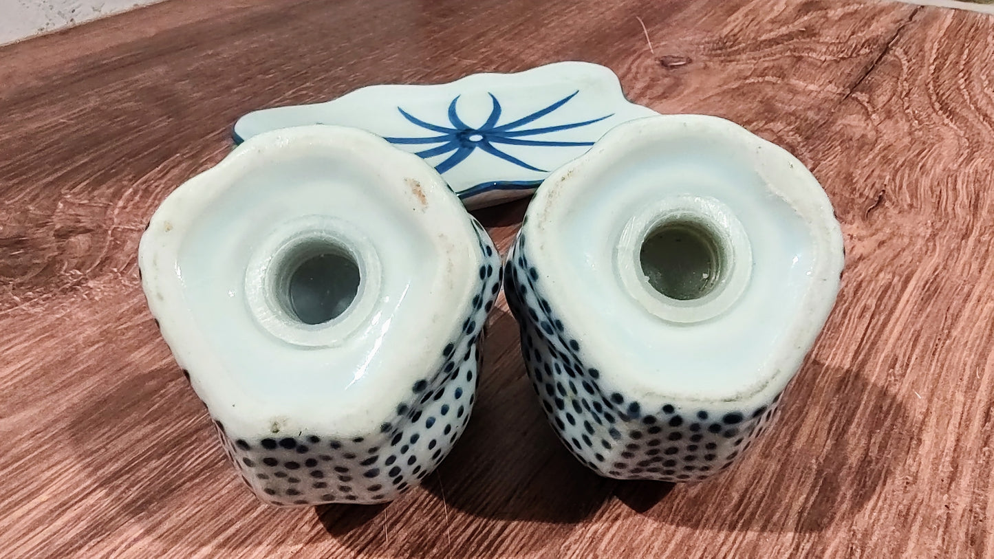 Blue & White Frog Salt & Pepper Shakers on Tray