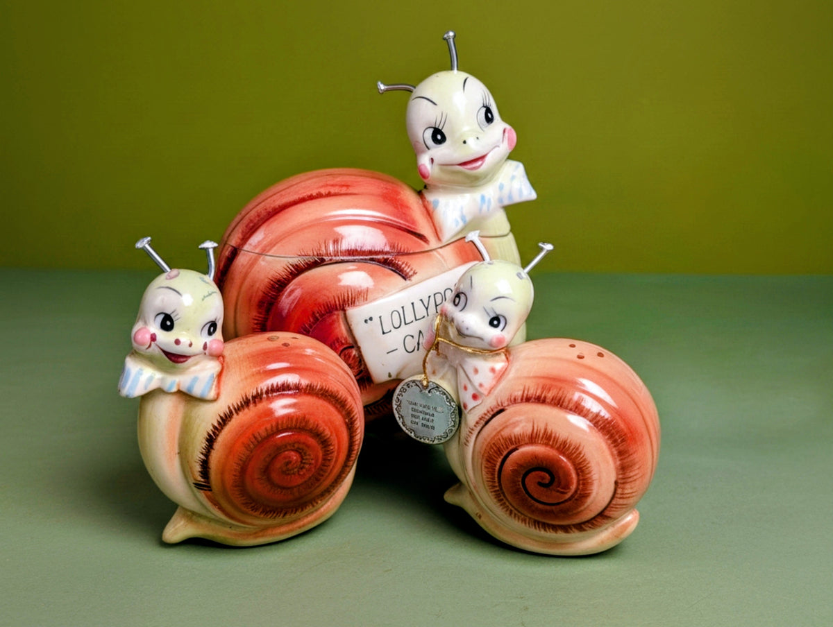 1950s Mid-Century Modern Enesco Snappy the Snail Kitsch Two Piece Shaker Set