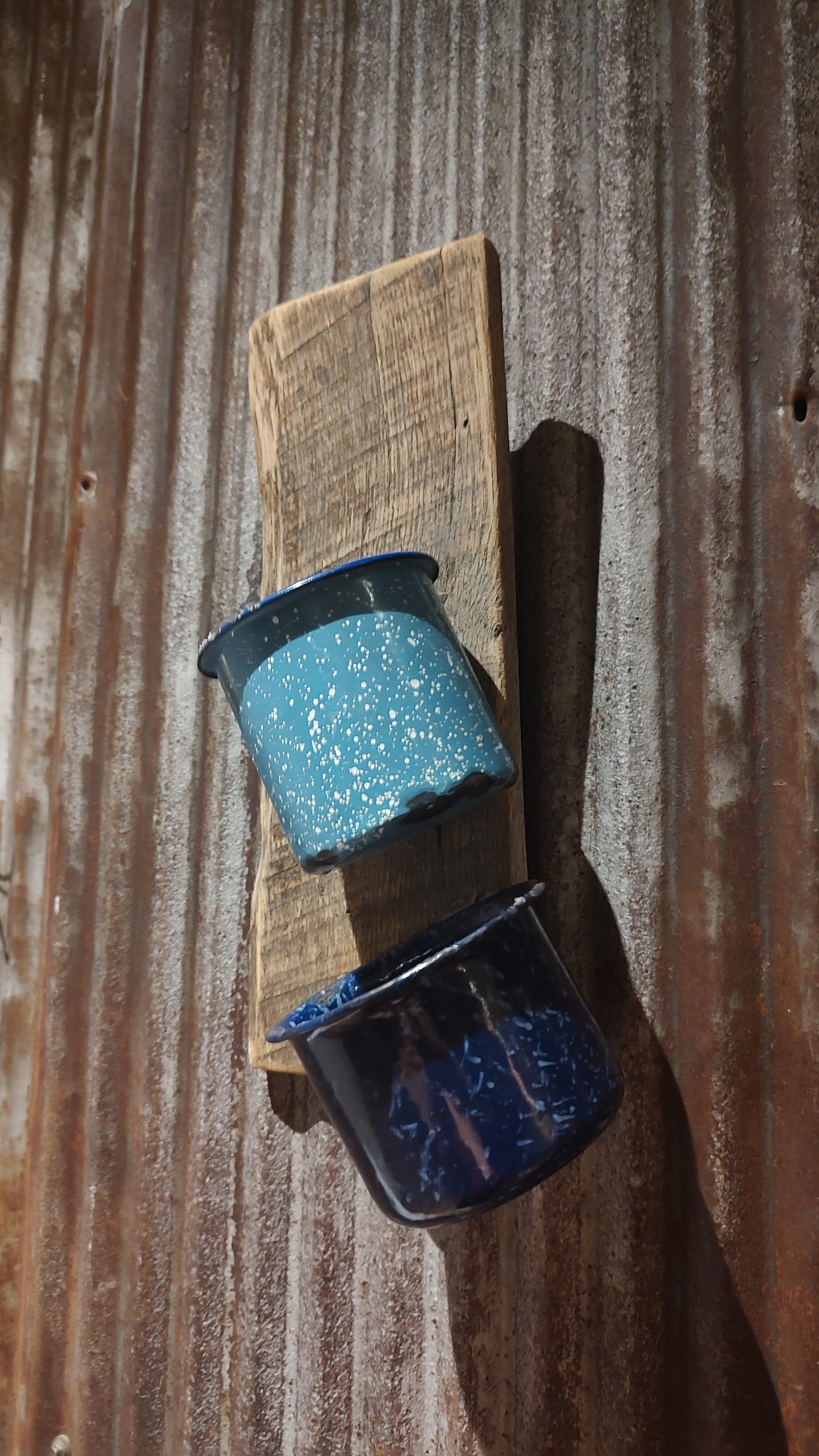 Repurposed Scrap Wood Wall Decor w/Enamel Mugs