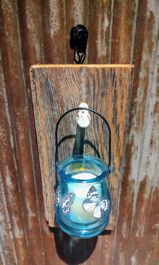 Barnwood Lantern Holder with Blue Glass Votive Holder