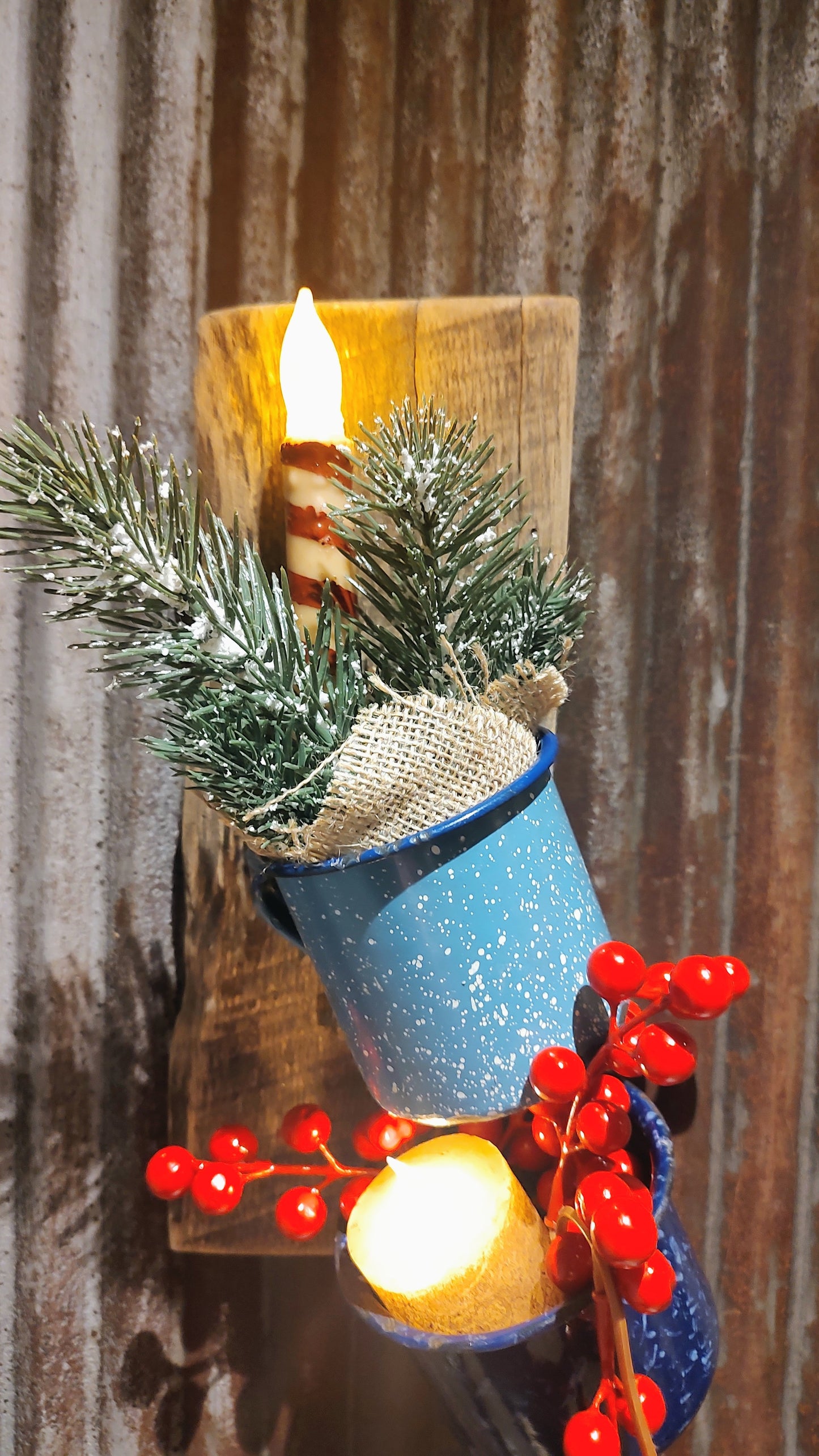 Repurposed Scrap Wood Wall Decor w/Enamel Mugs