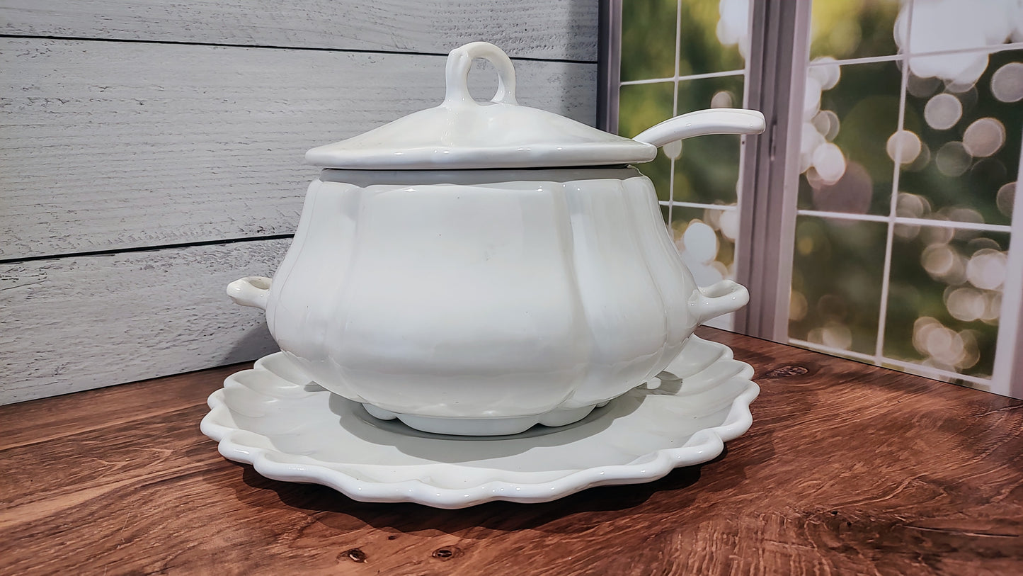 Vintage Ceramic Soup Tureen with Matching Plate and Laddle