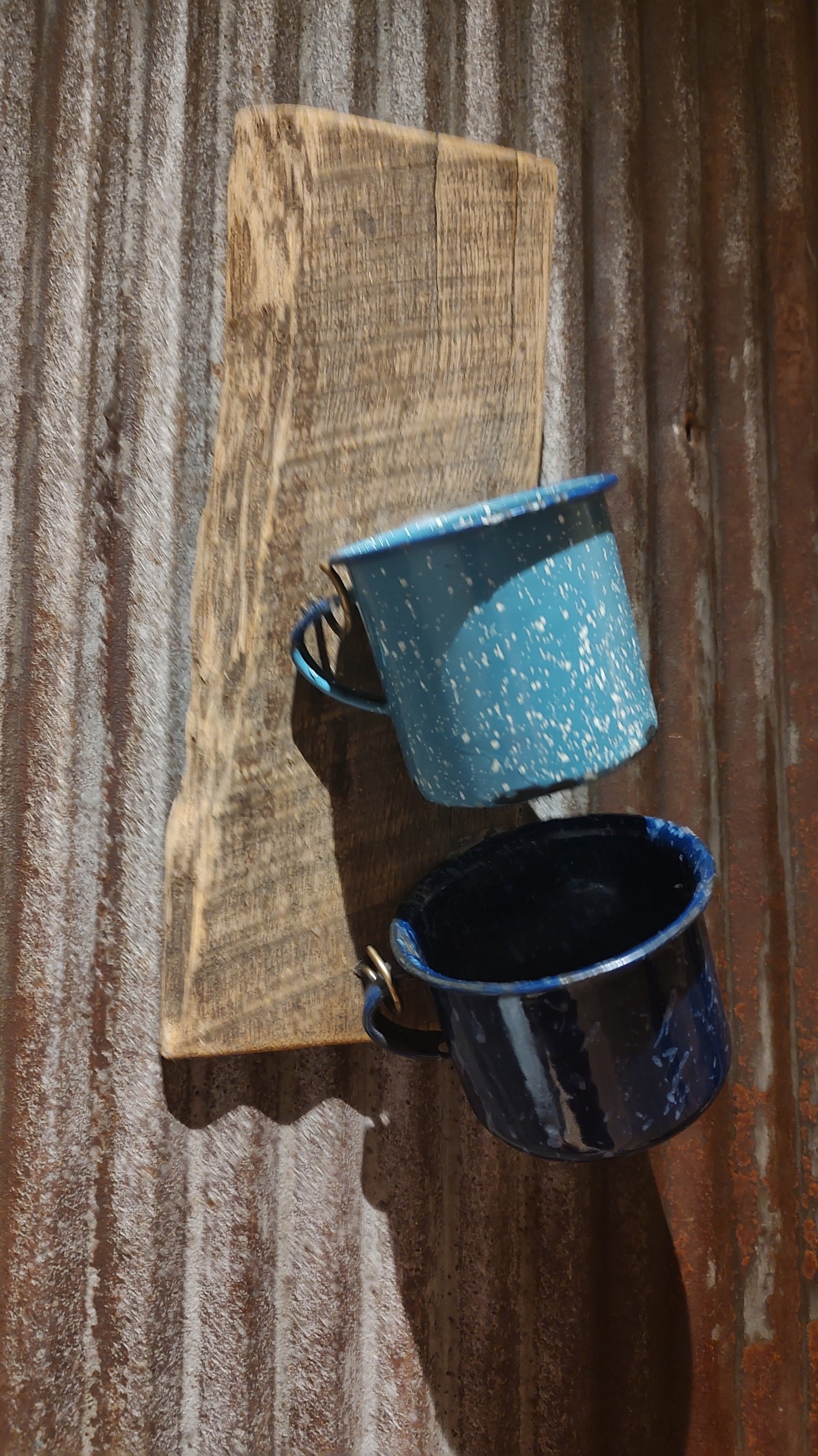 Repurposed Scrap Wood Wall Decor w/Enamel Mugs