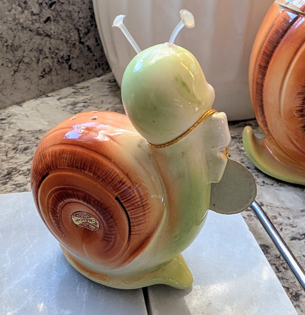 1950s Mid-Century Modern Enesco Snappy the Snail Kitsch Two Piece Shaker Set