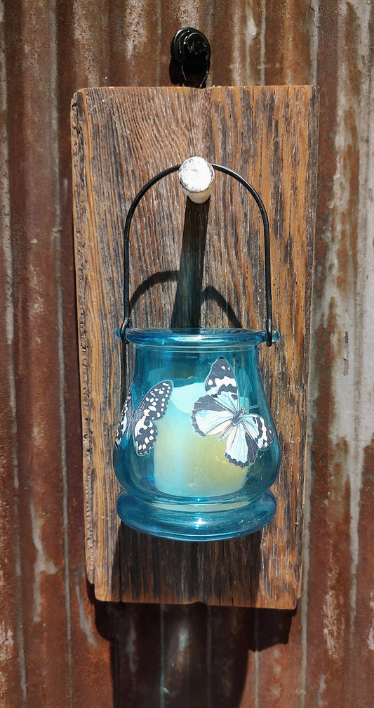 Barnwood Lantern Holder with Blue Glass Votive Holder