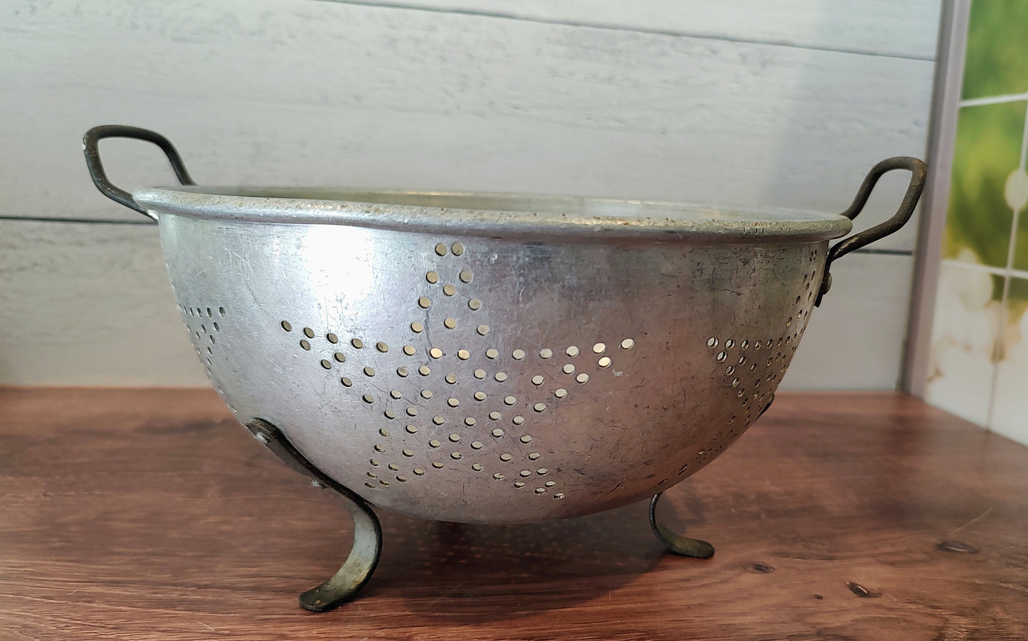 Vintage Heavy Aluminum Strainer with Handles and Feet. Star Pattern