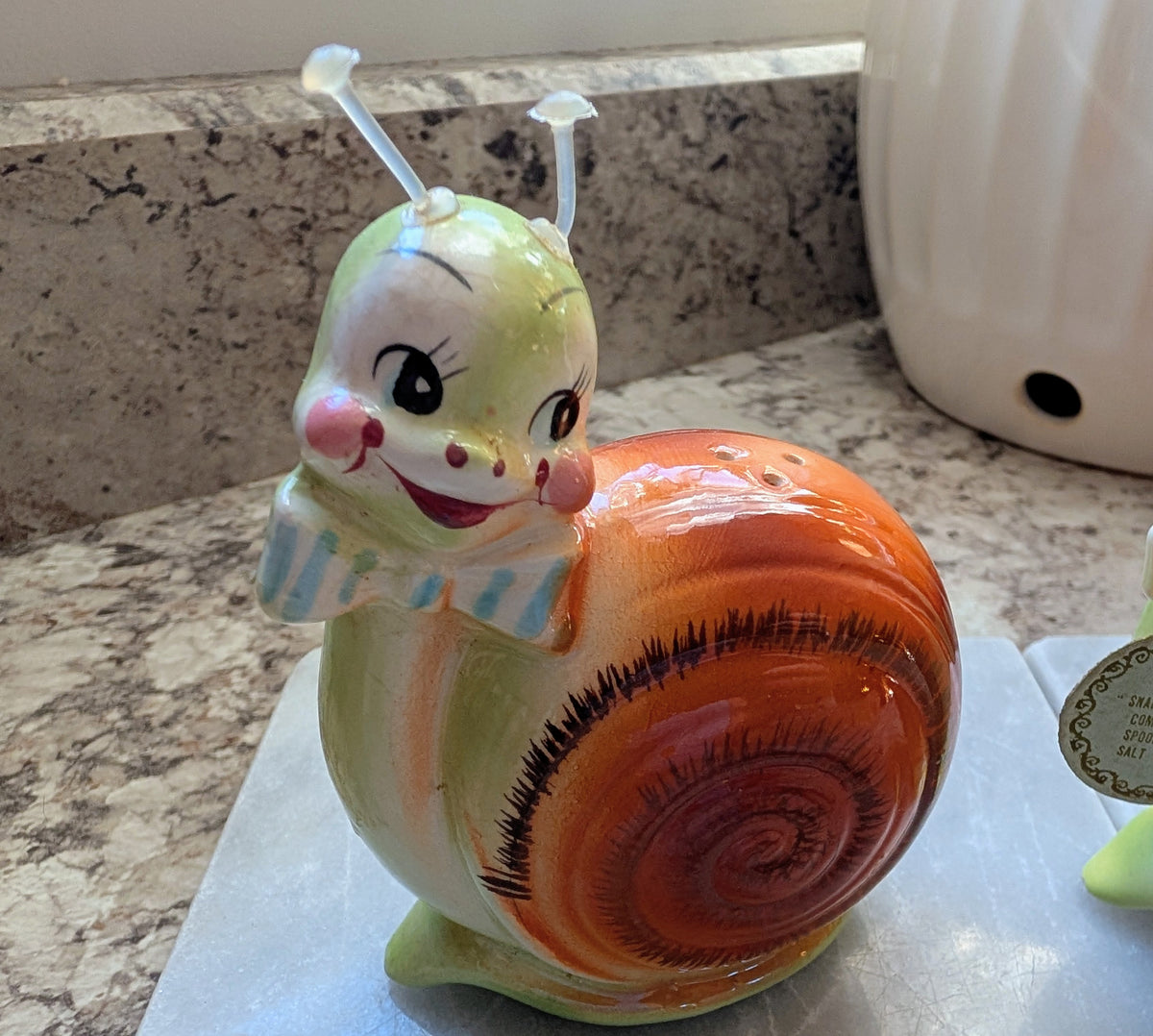 1950s Mid-Century Modern Enesco Snappy the Snail Kitsch Two Piece Shaker Set