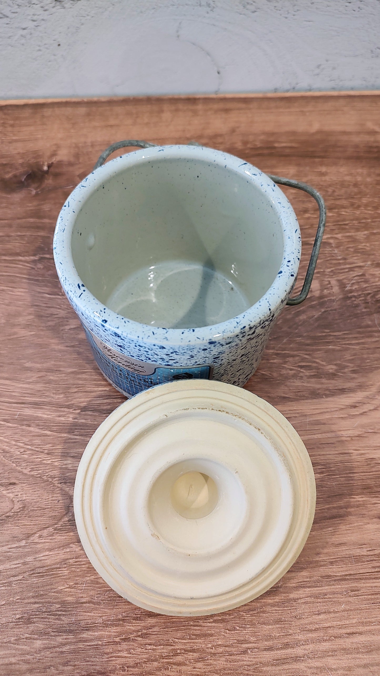 Blue and Cream Speckled Cheese Crock with Hermetic Lid