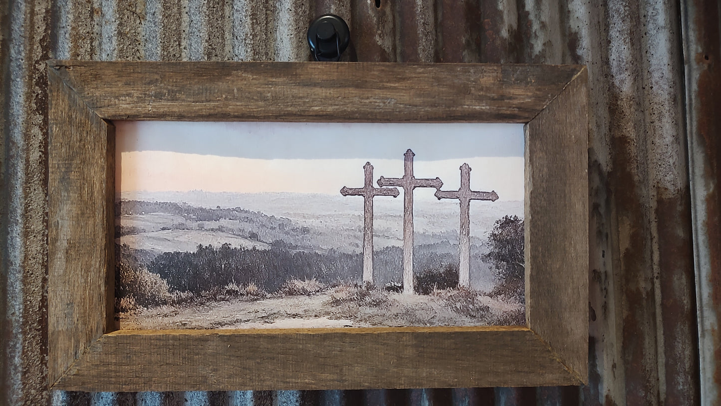 Handmade wooden frame (repurposed barn siding) with faux canvas artwork