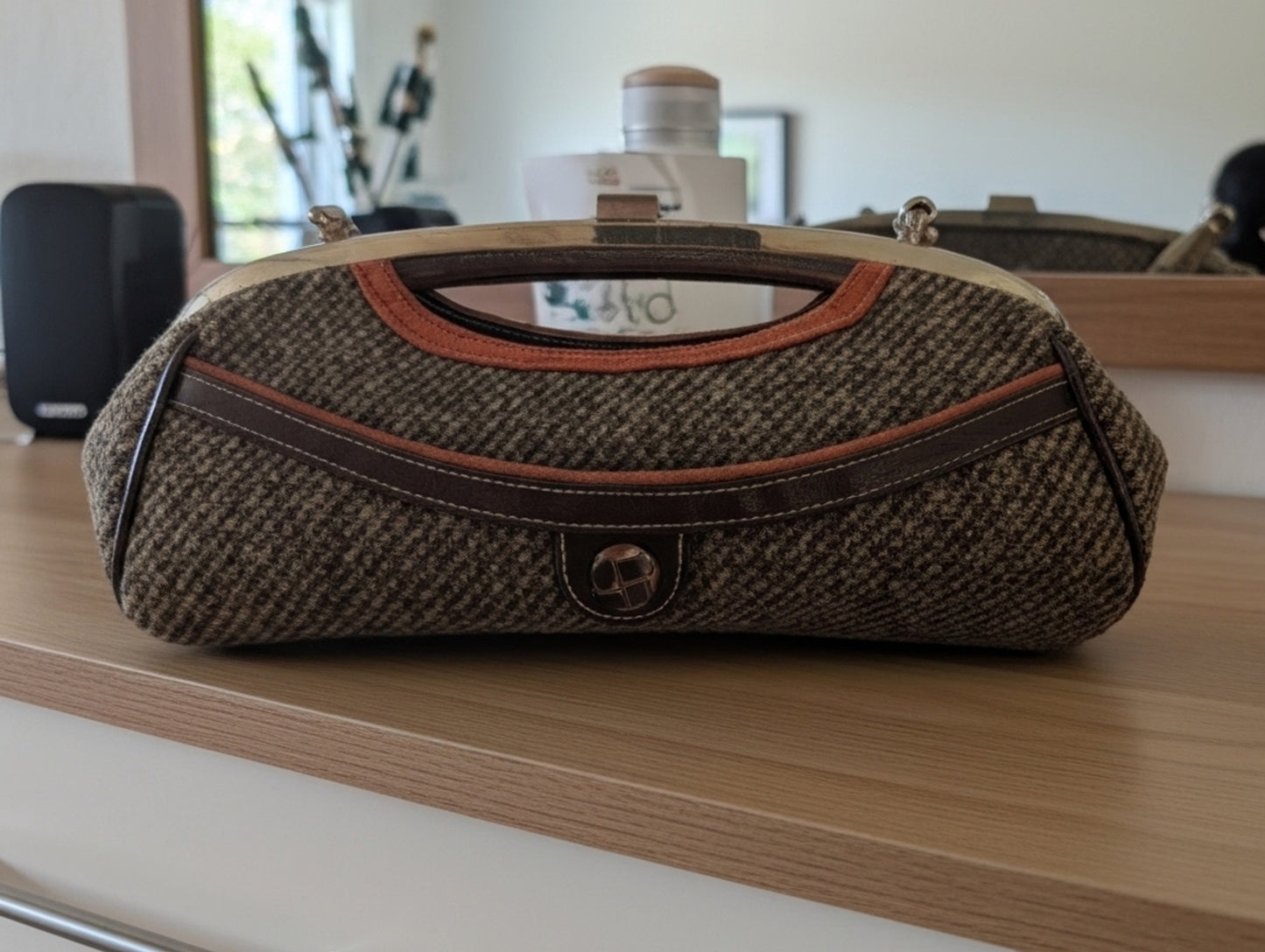 APT 9 Barrel Clutch Handbag with Snap Clasp and Chain Strap