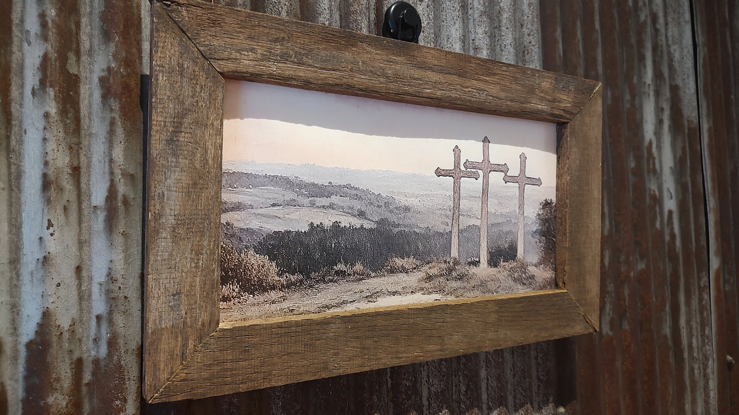 Handmade wooden frame (repurposed barn siding) with faux canvas artwork