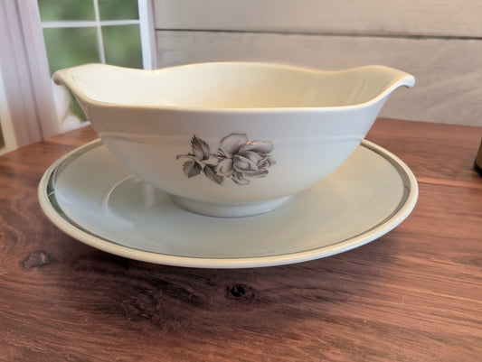 Cameo Rose Soup Bowl/Gravy Boat with Attached Plate