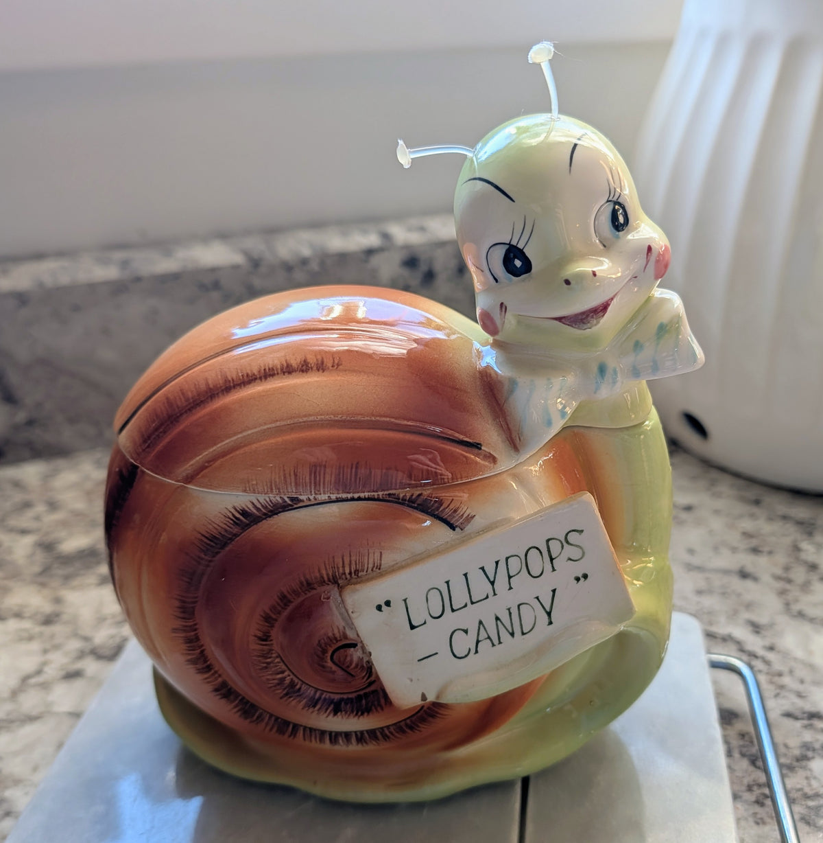 1950s Mid-Century Enesco Kitsch Anthropomorphic Snappy the Snail Lollypops Candy Jar