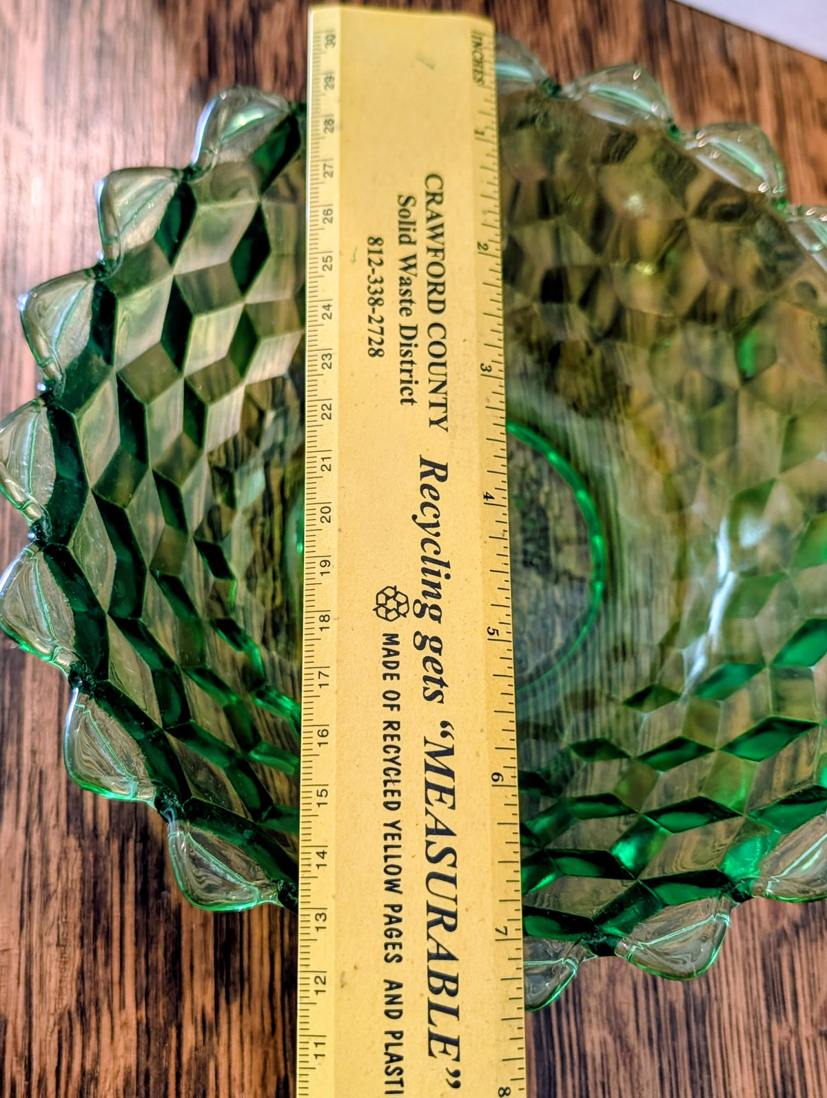Jeanette Glass Co Vintage Green Cube Cubist Fruit Bowl Glowing Uranium Glass