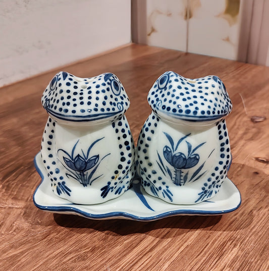 Blue & White Frog Salt & Pepper Shakers on Tray