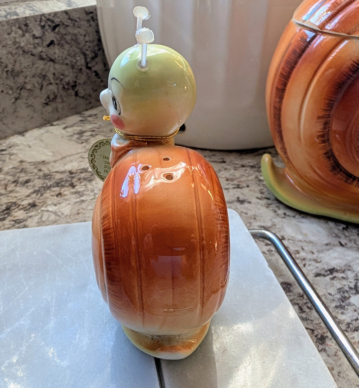 1950s Mid-Century Modern Enesco Snappy the Snail Kitsch Two Piece Shaker Set
