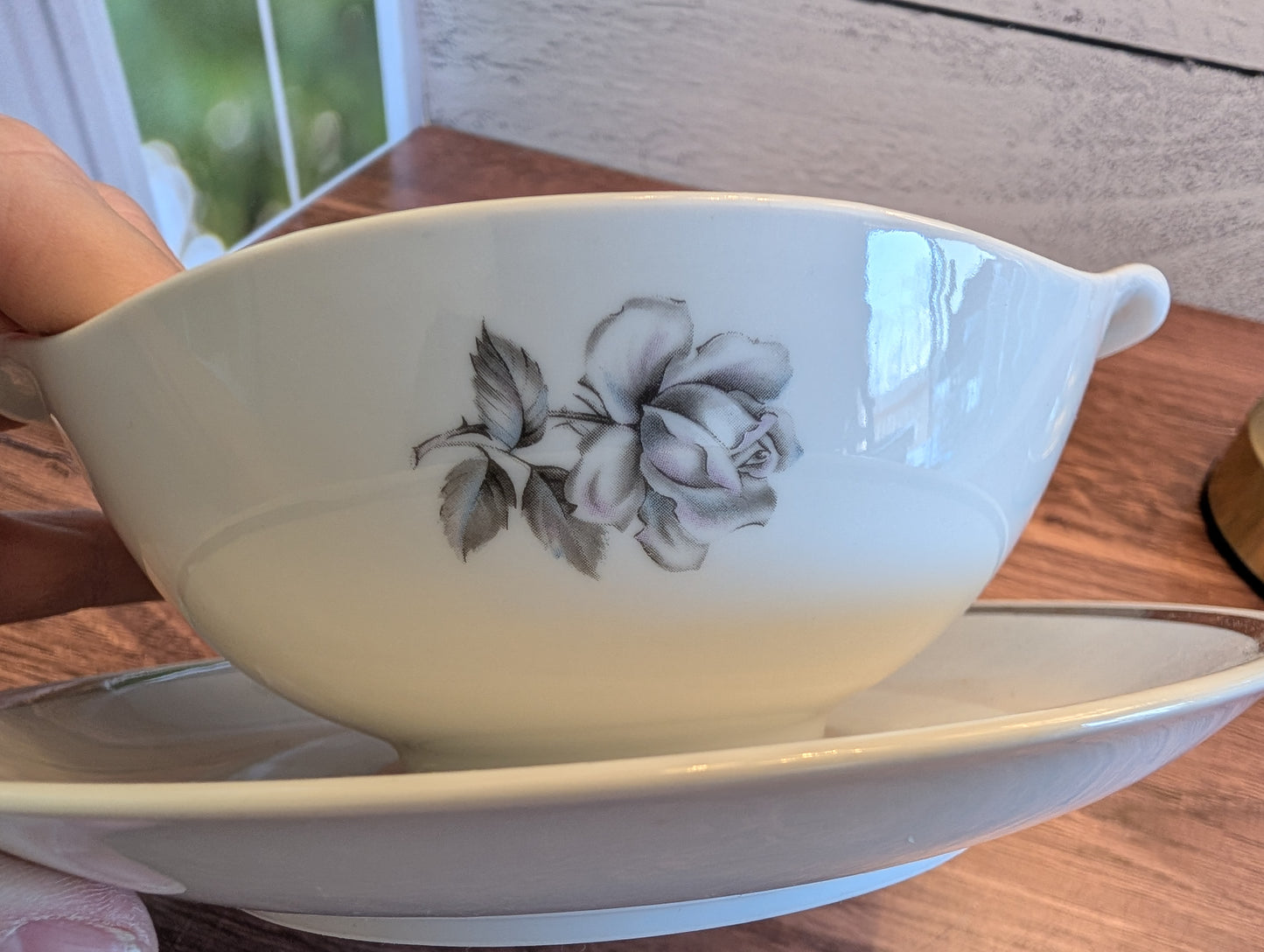 Cameo Rose Soup Bowl/Gravy Boat with Attached Plate