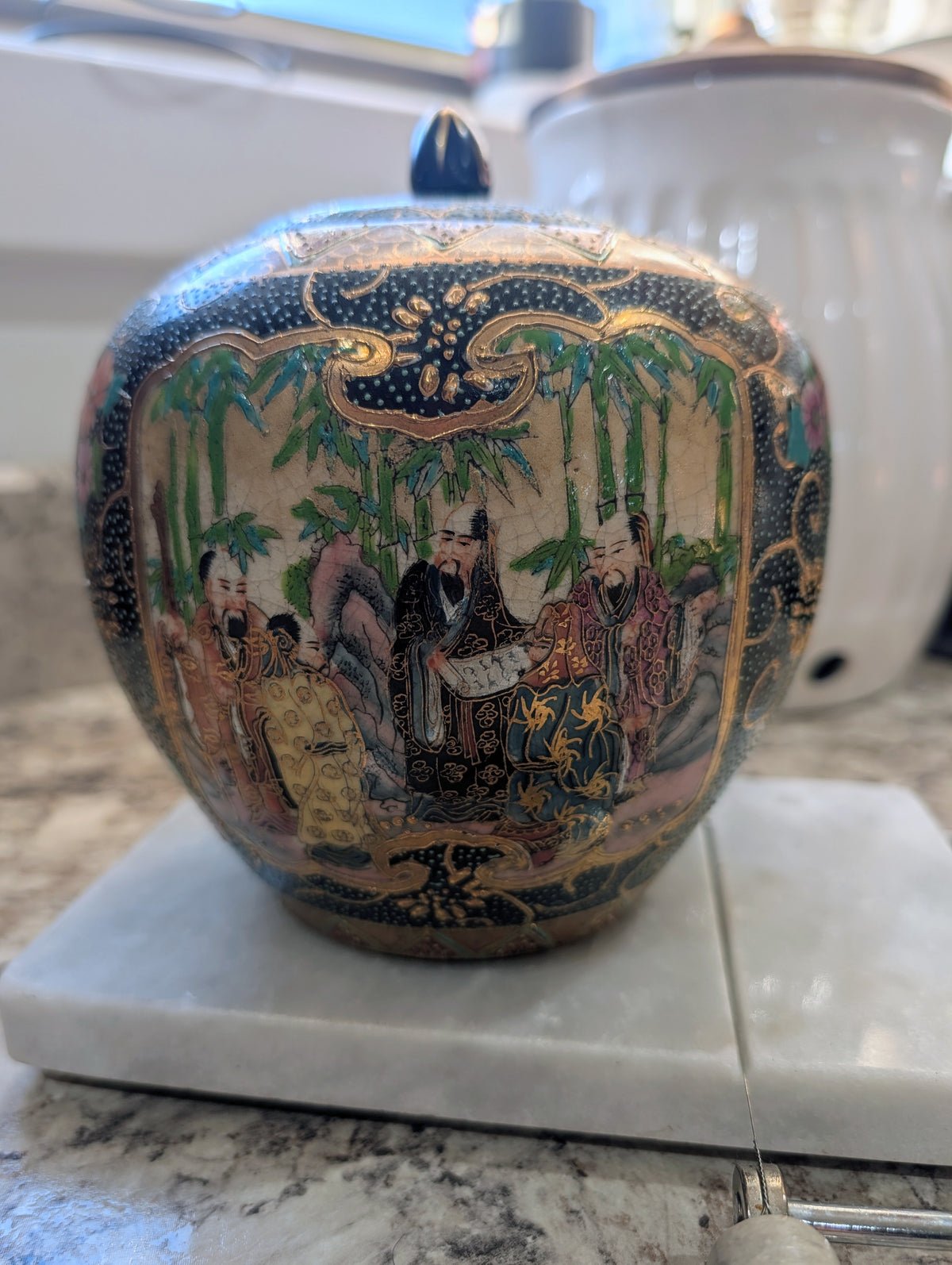 Vintage Jingdezhen Chinese Export Ginger Jar Satsuma Style Crackle Glaze - Repaired Lid