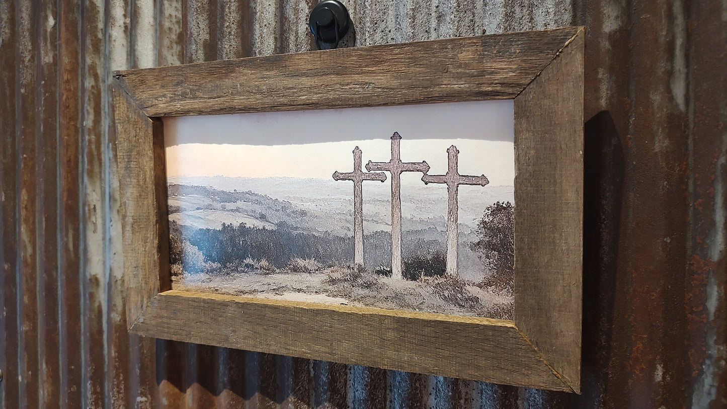 Handmade wooden frame (repurposed barn siding) with faux canvas artwork