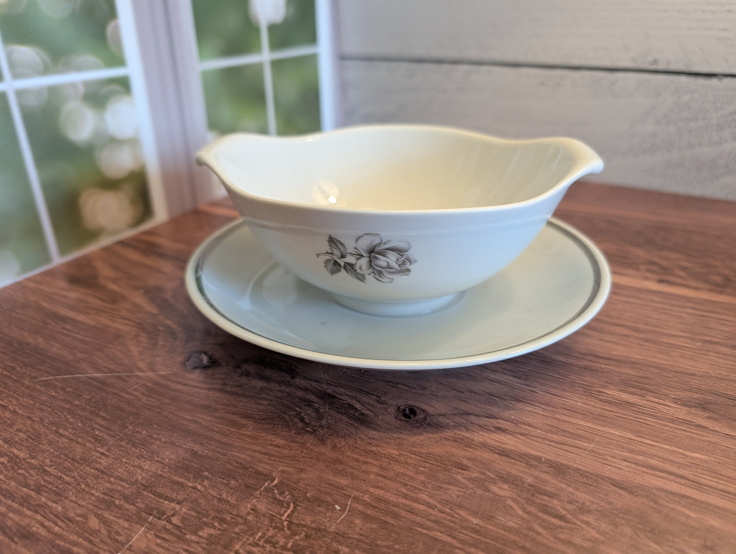 Cameo Rose Soup Bowl/Gravy Boat with Attached Plate