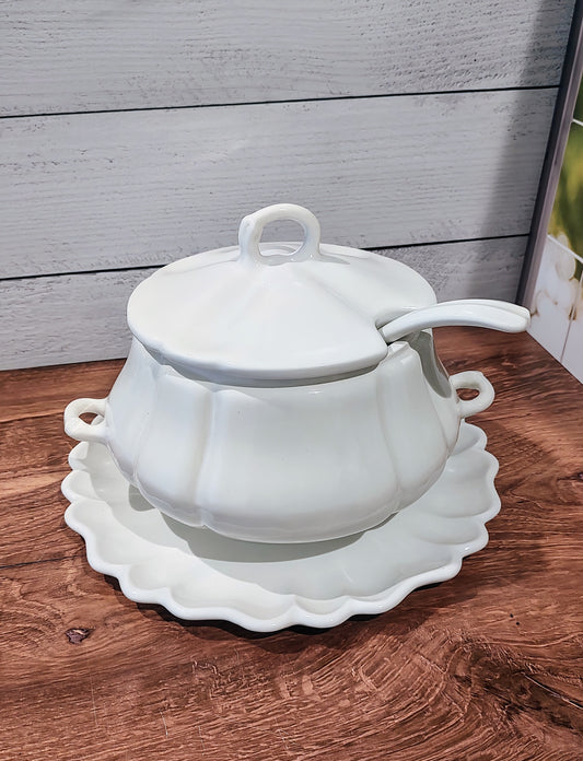 Vintage Ceramic Soup Tureen with Matching Plate and Laddle