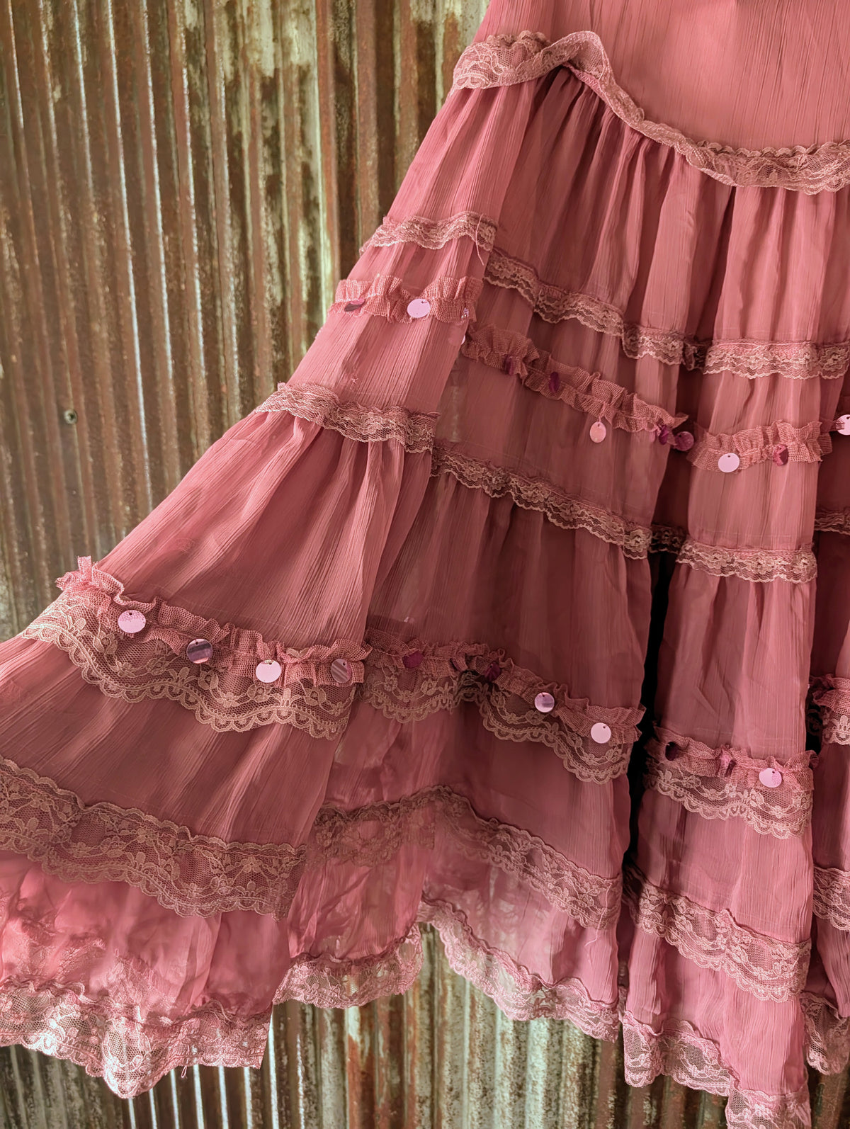NWT Vintage L'Pogee Pink Gauze Tiered Maxi Skirt Lace & Sequins Y2K Boho Size S