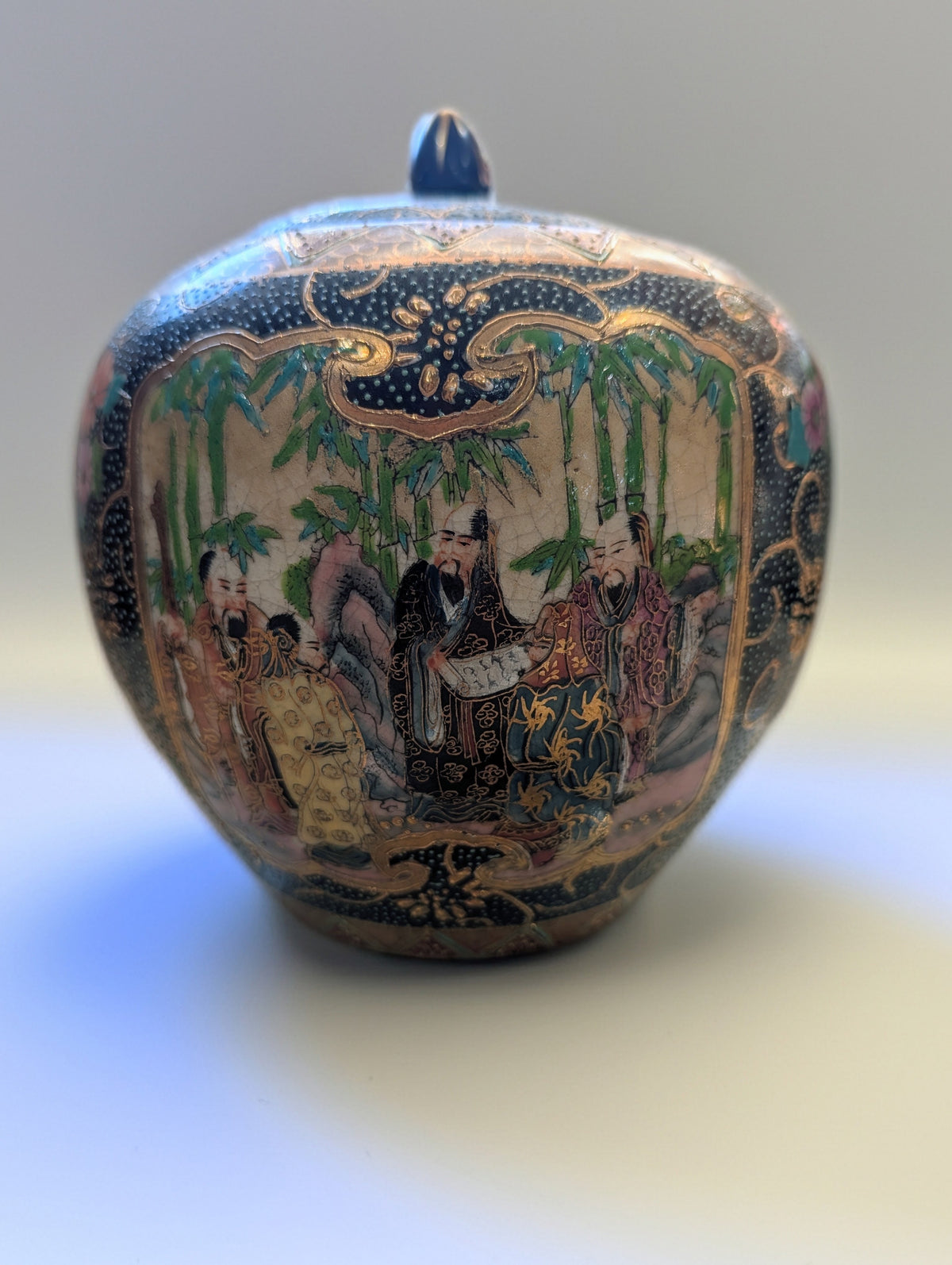 Vintage Jingdezhen Chinese Export Ginger Jar Satsuma Style Crackle Glaze - Repaired Lid