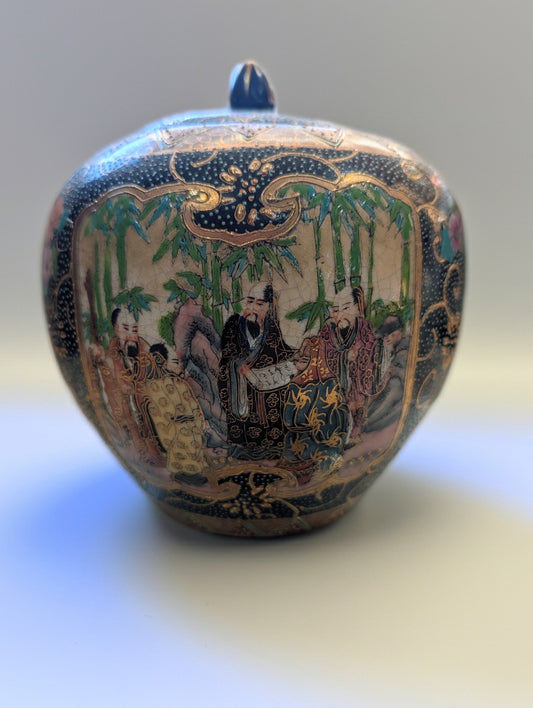 Vintage Jingdezhen Chinese Export Ginger Jar Satsuma Style Crackle Glaze - Repaired Lid