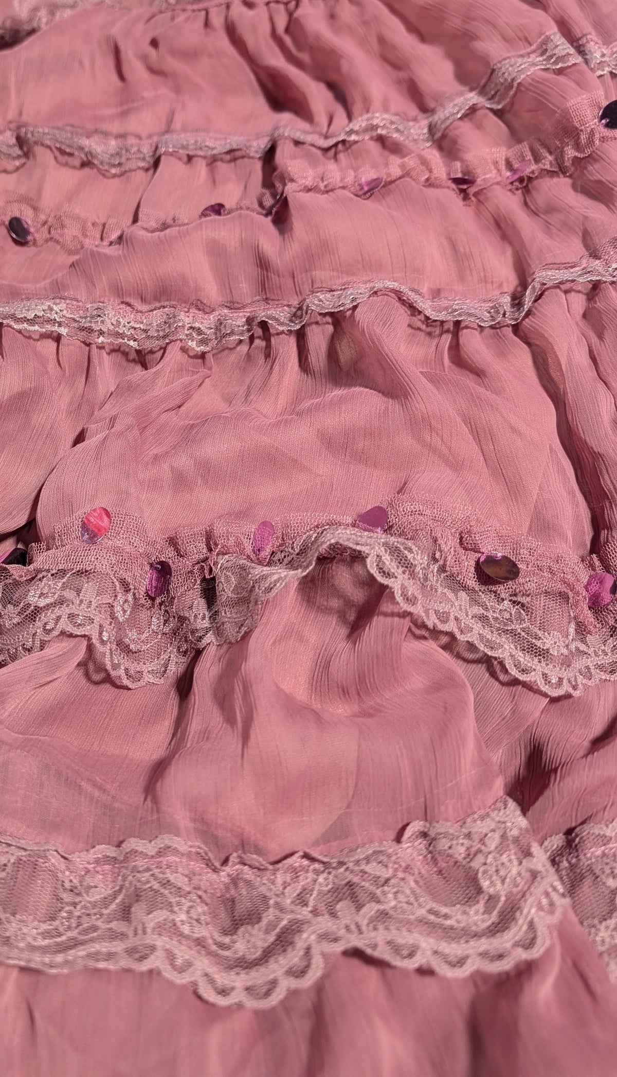 NWT Vintage L'Pogee Pink Gauze Tiered Maxi Skirt Lace & Sequins Y2K Boho Size S