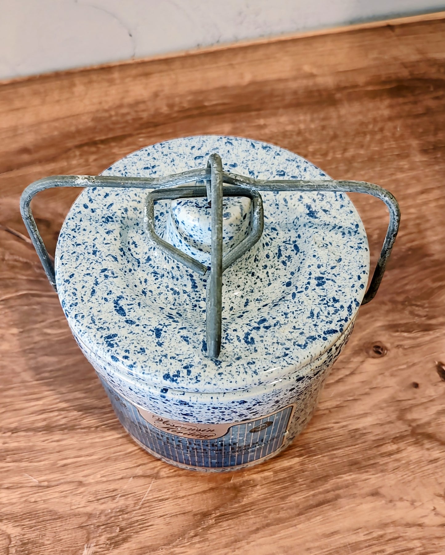 Blue and Cream Speckled Cheese Crock with Hermetic Lid