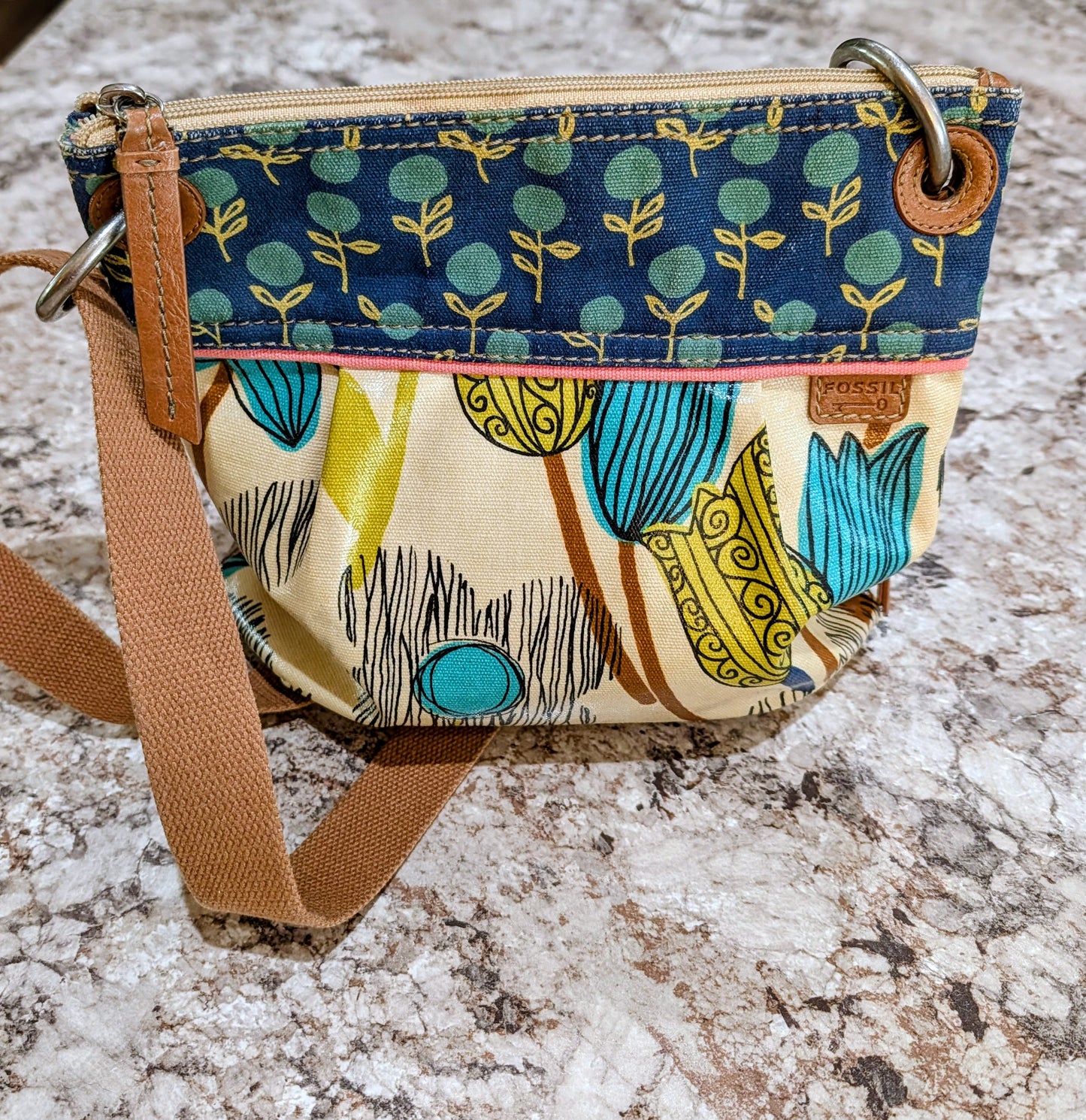 Fossil Key-Par Floral Pattern Crossbody with Canvas Strap