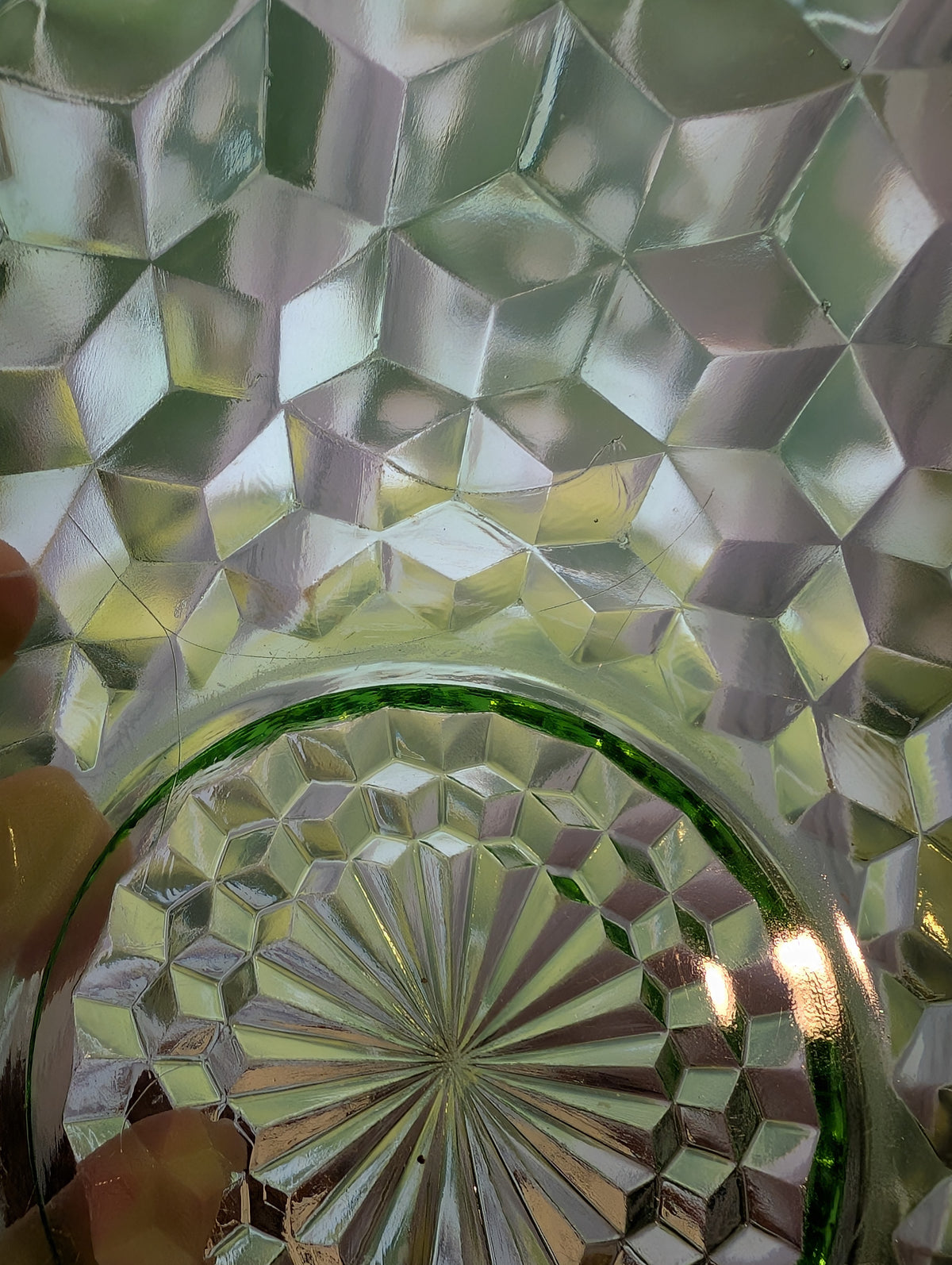 Jeanette Glass Co Vintage Green Cube Cubist Fruit Bowl Glowing Uranium Glass