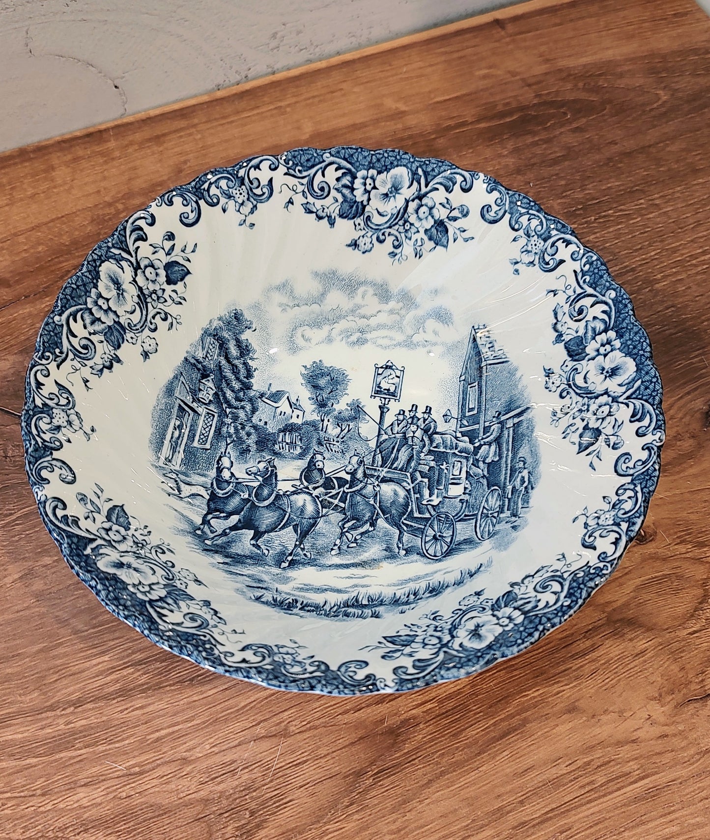 Johnson Bros Coaching Scenes Blue & White Ironstone Serving Bowl