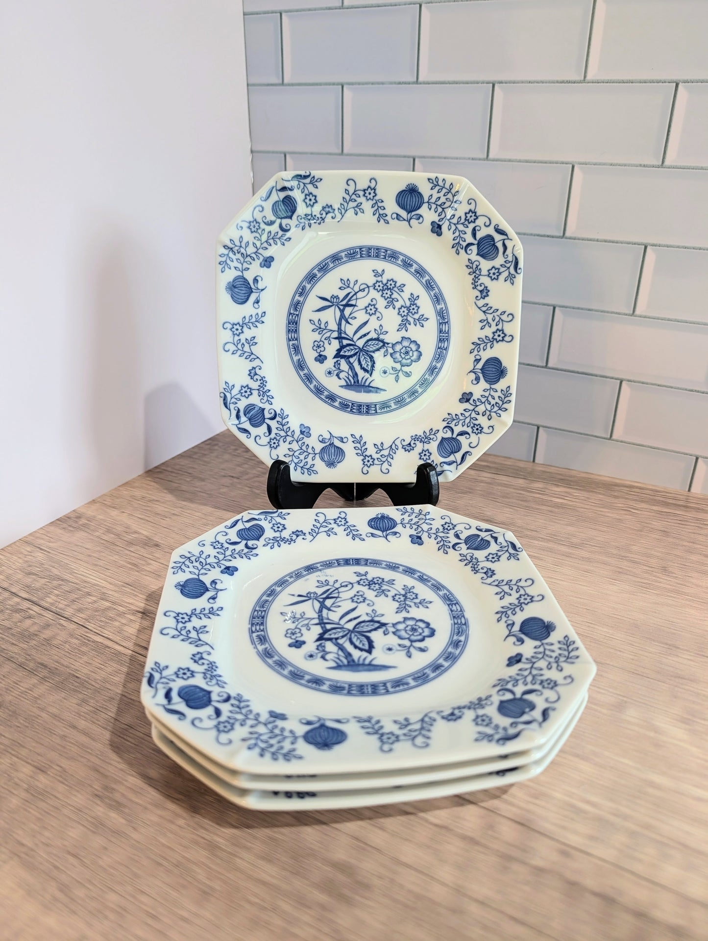 Set of 4 Vintage Kanesho Fine China Octagonal Blue Onion Salad Dessert Plates Japan 1970s