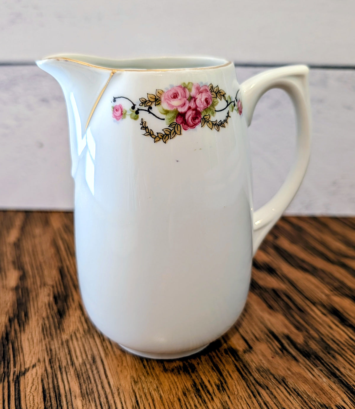 Vintage Porcelain Pitcher Creamer Pink Rose Garland with Gold Trim