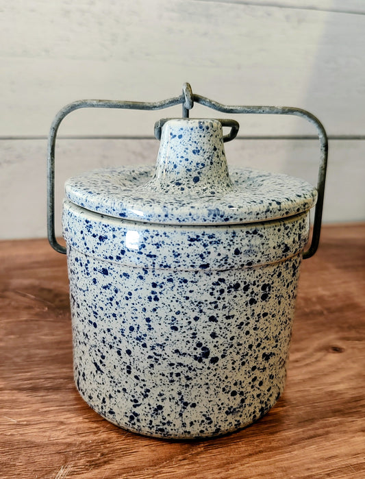 Blue and Cream Speckled Cheese Crock with Hermetic Lid