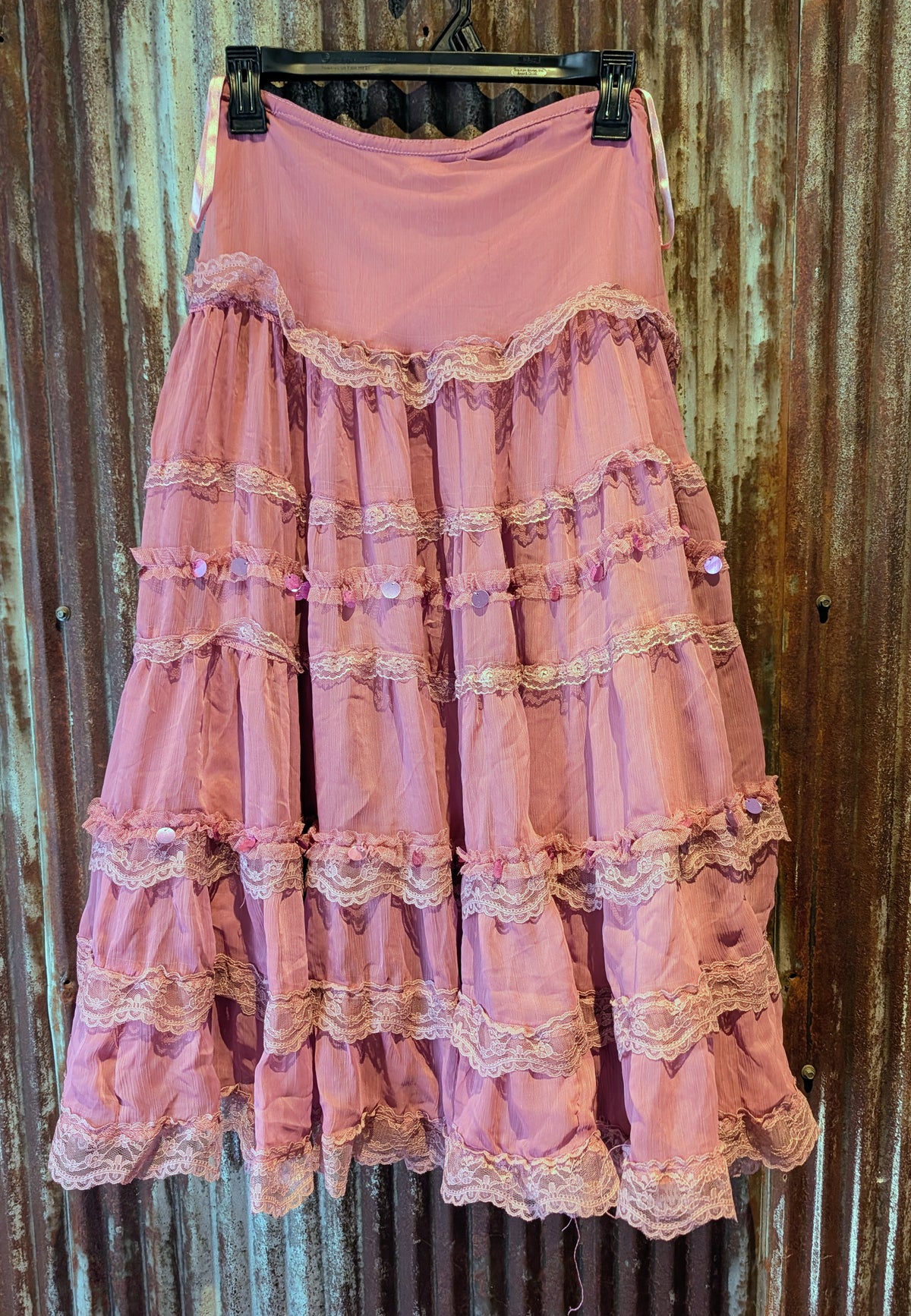 NWT Vintage L'Pogee Pink Gauze Tiered Maxi Skirt Lace & Sequins Y2K Boho Size S