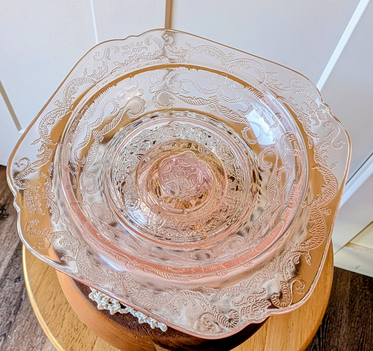 Vintage Indiana Pedestal Domed Depression Glass Butter / Candy Dish Madrid Pattern Pink