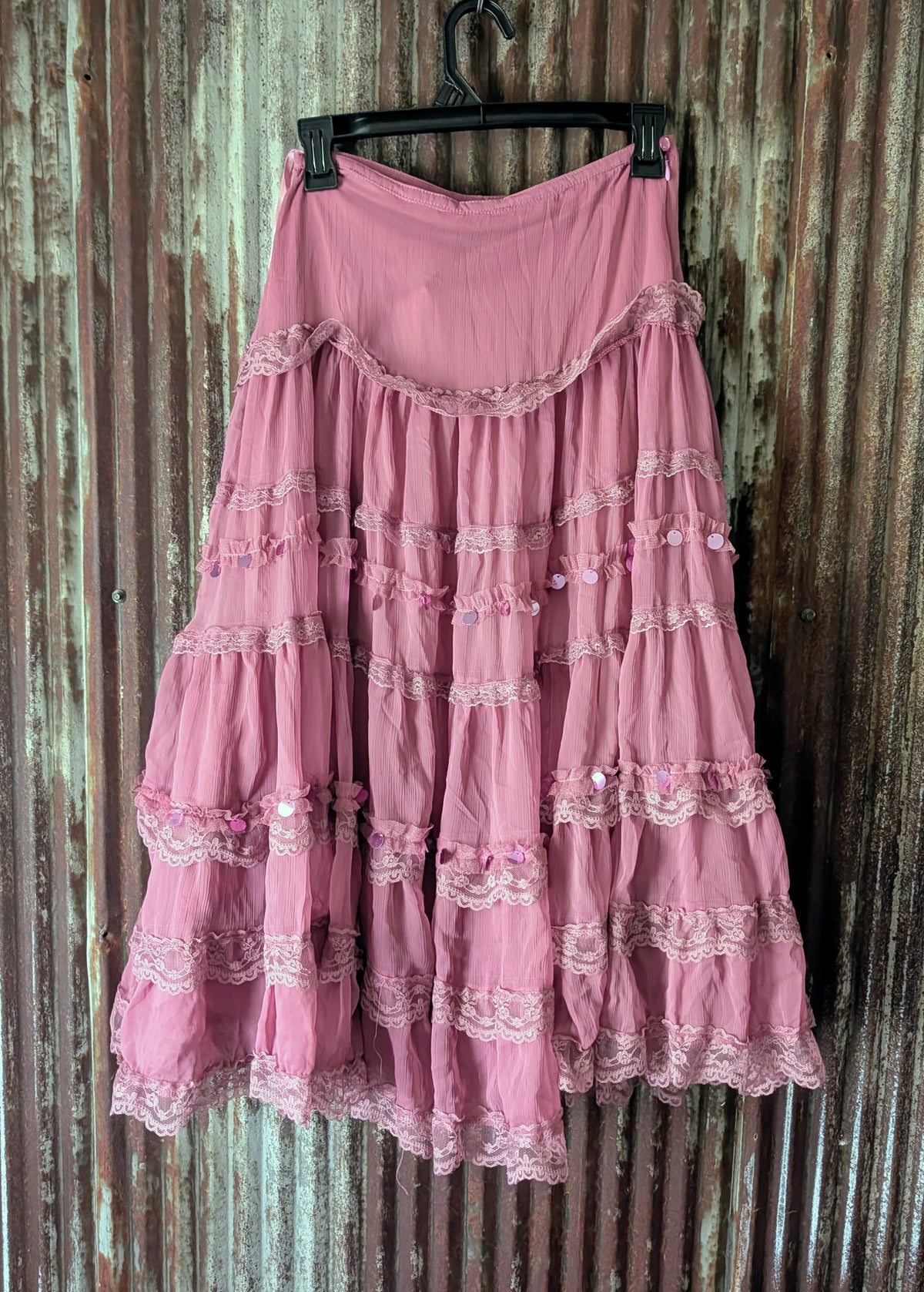 NWT Vintage L'Pogee Pink Gauze Tiered Maxi Skirt Lace & Sequins Y2K Boho Size S