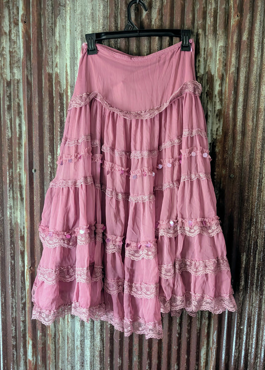 NWT Vintage L'Pogee Pink Gauze Tiered Maxi Skirt Lace & Sequins Y2K Boho Size S