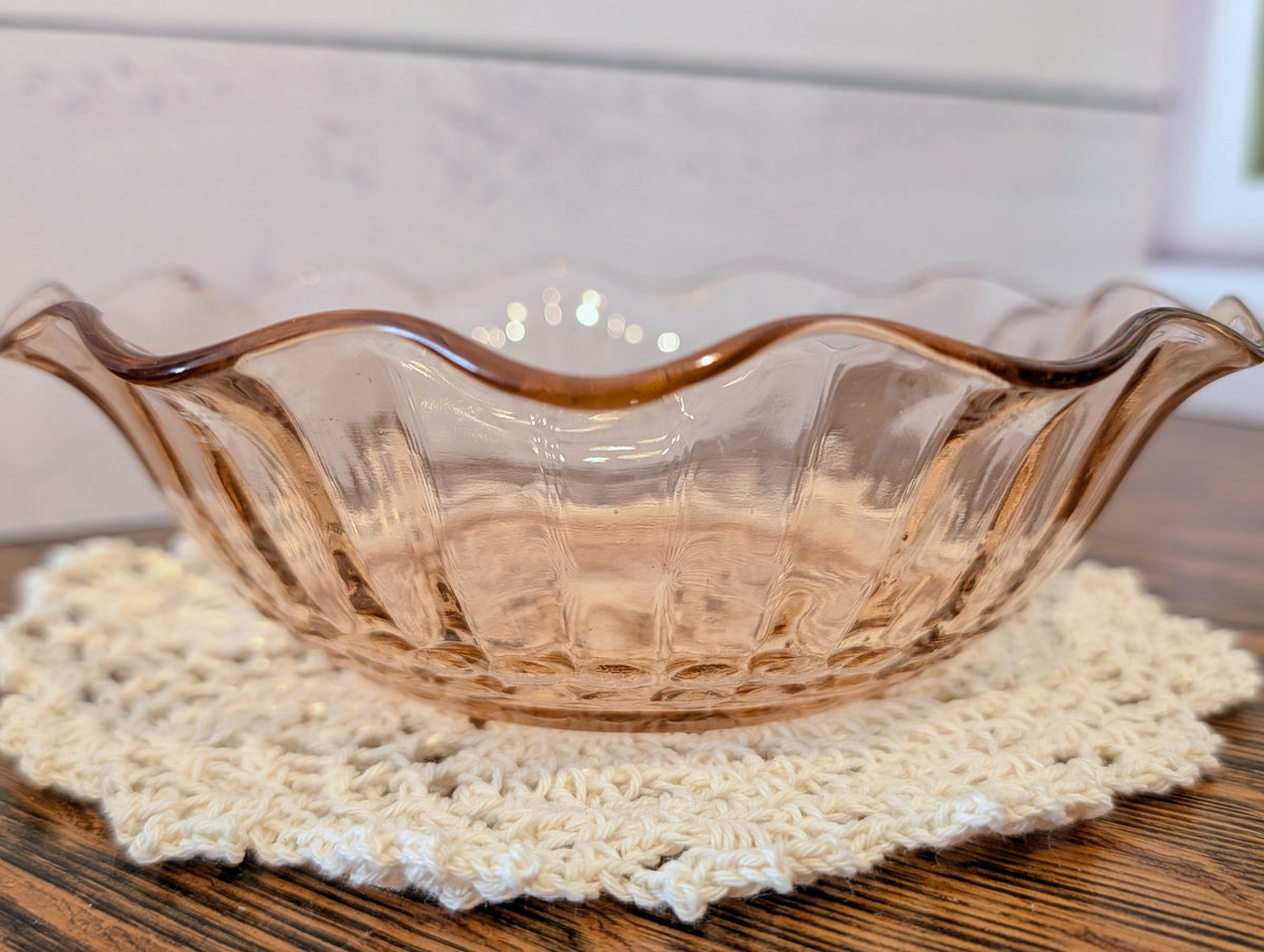 Anchor Hocking Pink Depression Glass Ruffle Edge Bowl