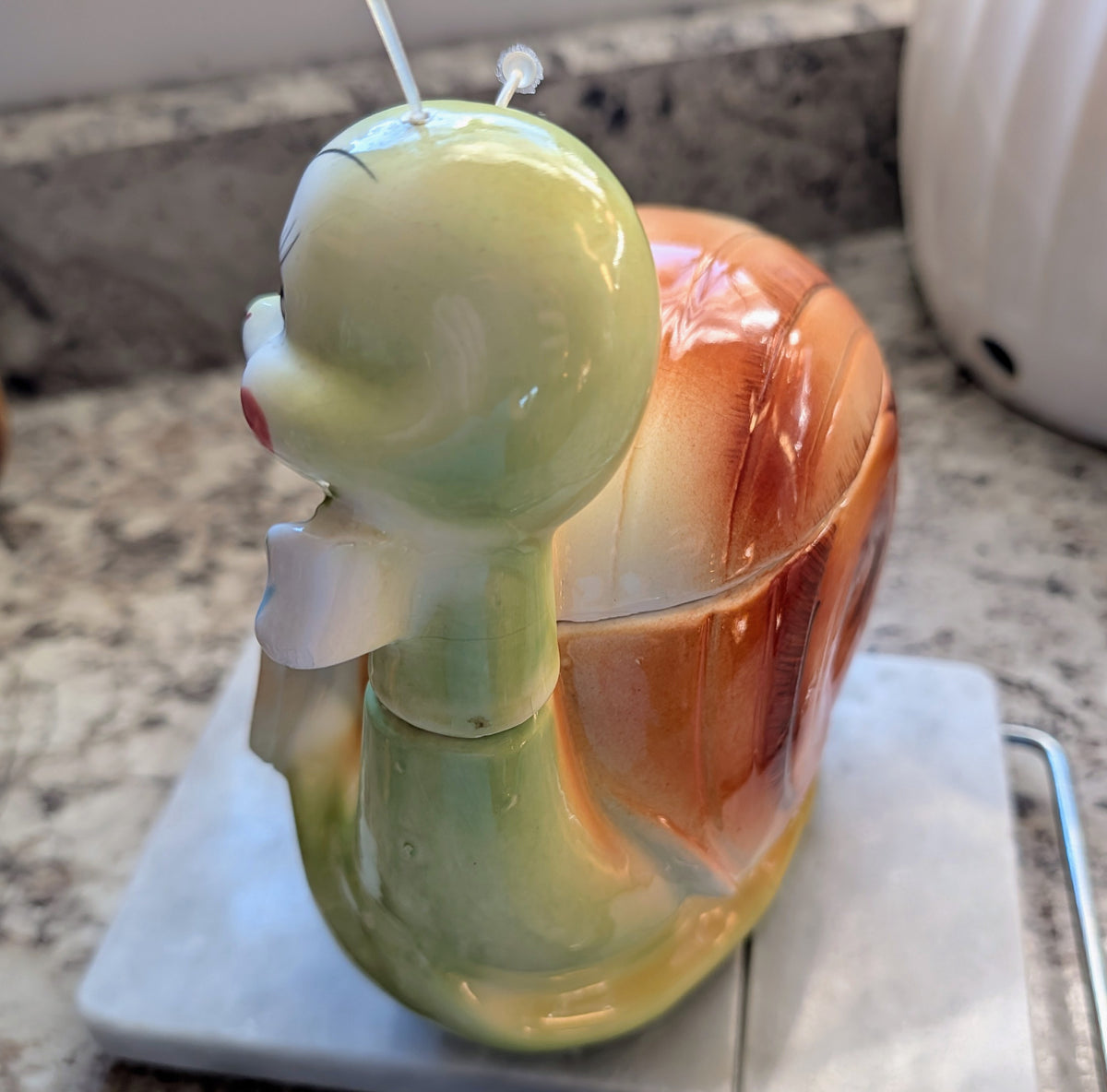 1950s Mid-Century Enesco Kitsch Anthropomorphic Snappy the Snail Lollypops Candy Jar