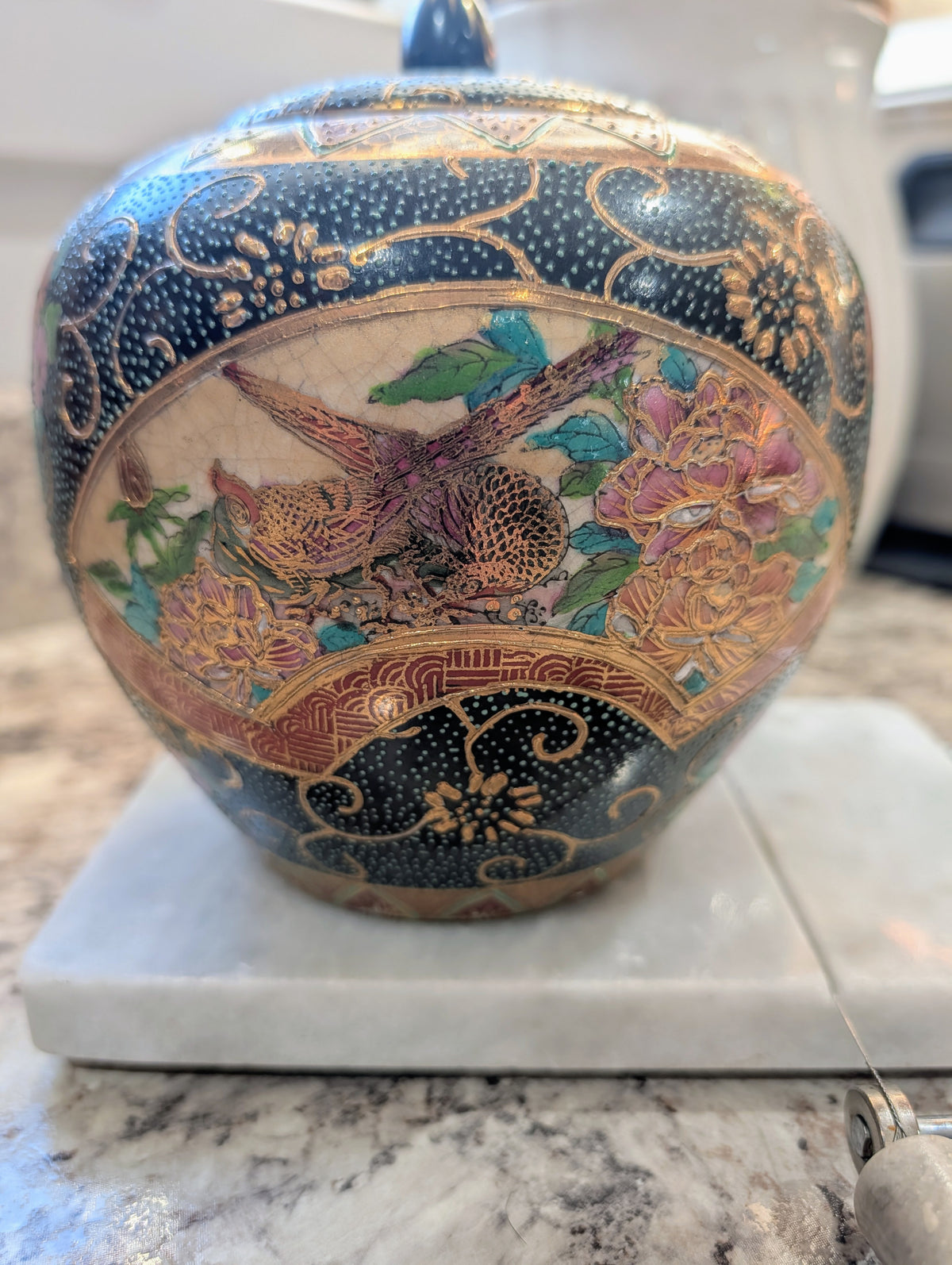 Vintage Jingdezhen Chinese Export Ginger Jar Satsuma Style Crackle Glaze - Repaired Lid