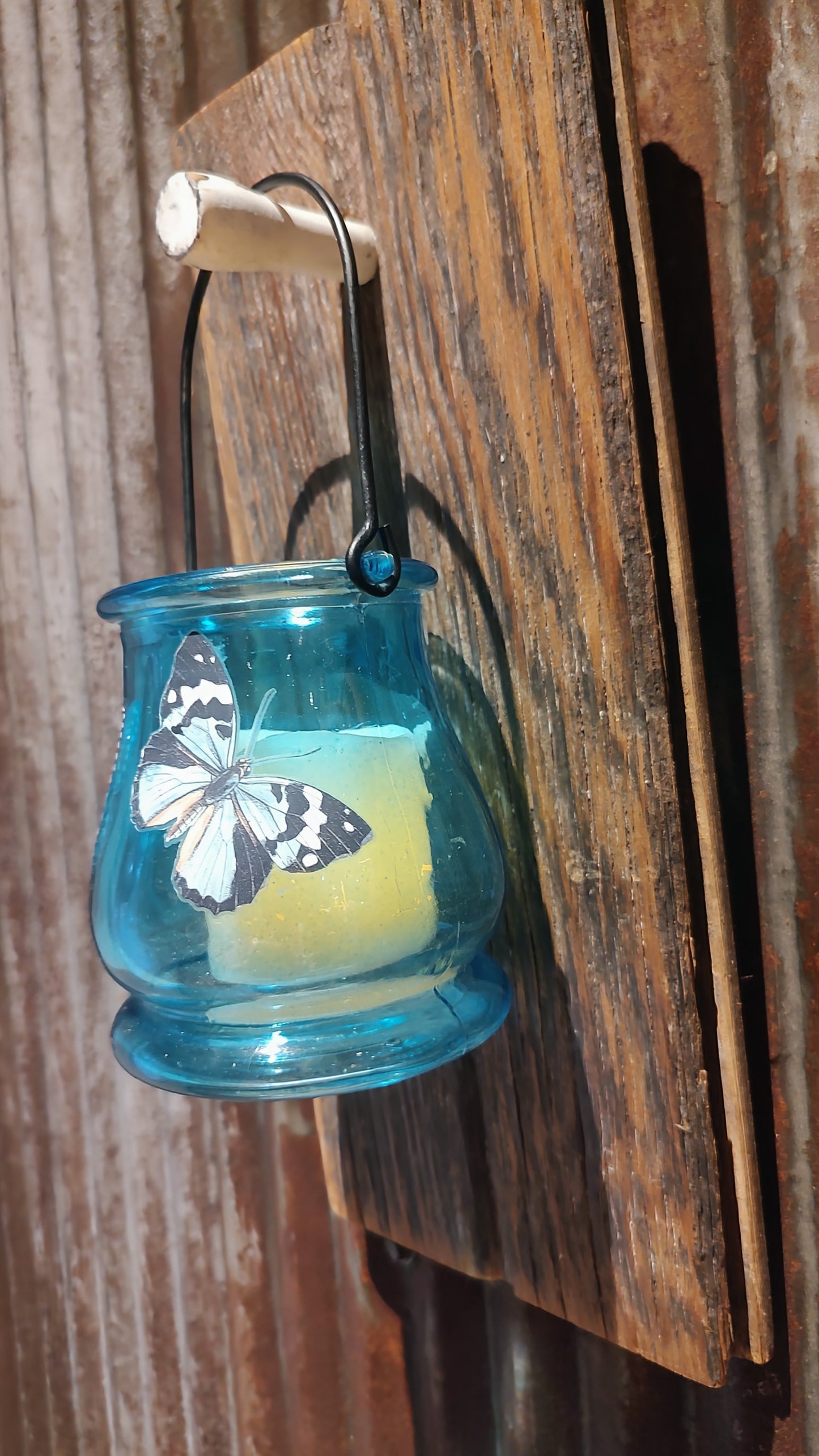 Barnwood Lantern Holder with Blue Glass Votive Holder