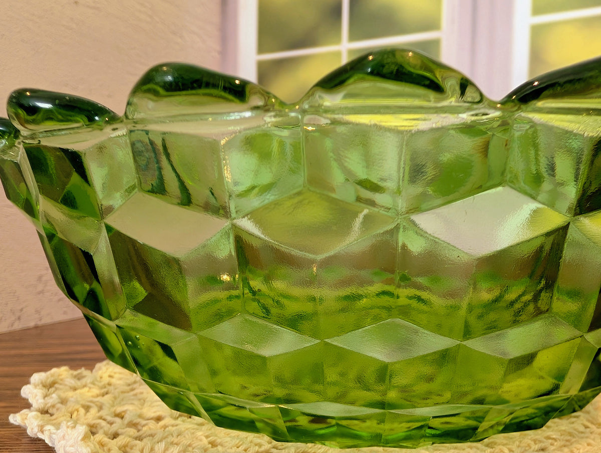 Jeanette Glass Co Vintage Green Cube Cubist Fruit Bowl Glowing Uranium Glass