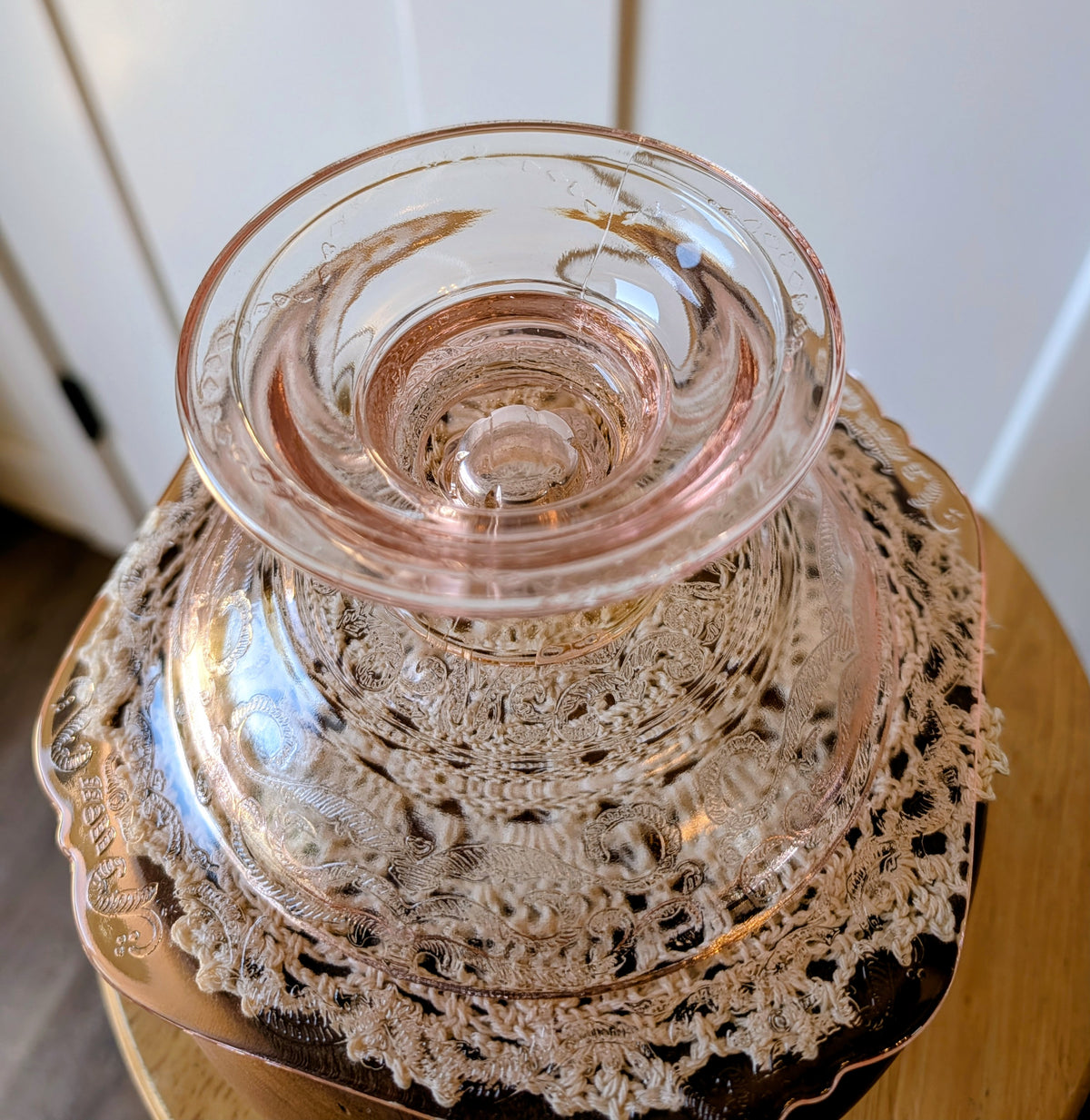Vintage Indiana Pedestal Domed Depression Glass Butter / Candy Dish Madrid Pattern Pink