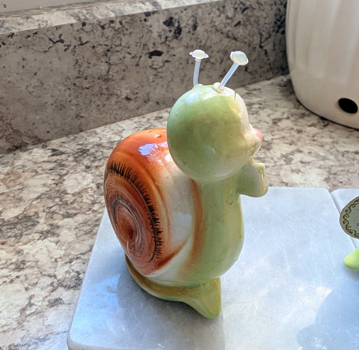 1950s Mid-Century Modern Enesco Snappy the Snail Kitsch Two Piece Shaker Set